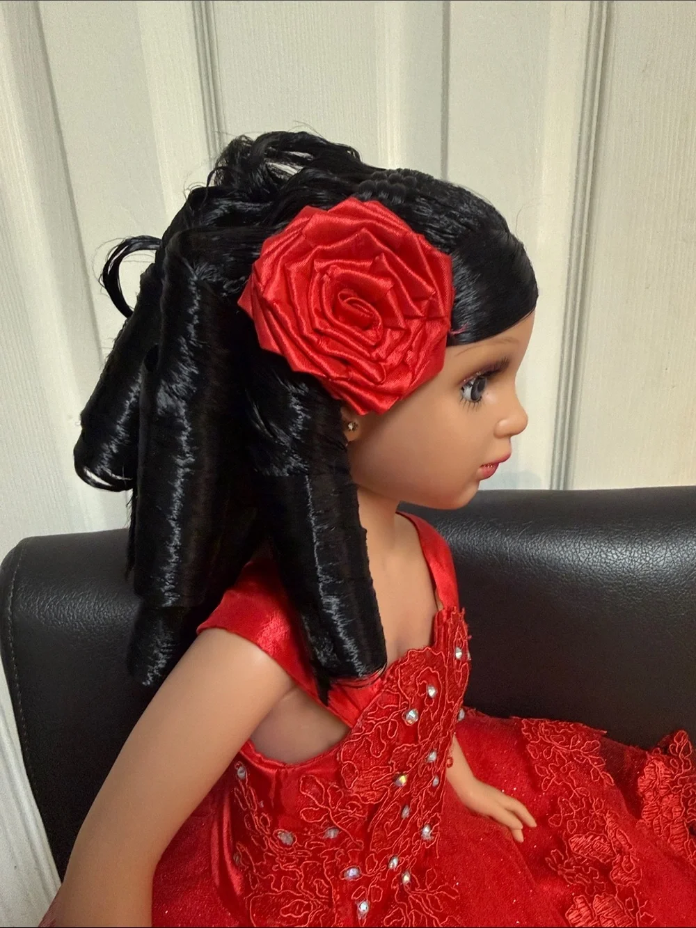 24-inch Quinceañera Keepsake Doll Wearing A Layered, sparkly Red Gown.